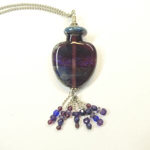 Handmade Pendant Glass w/Beaded Fringe Vintage Blue Purple